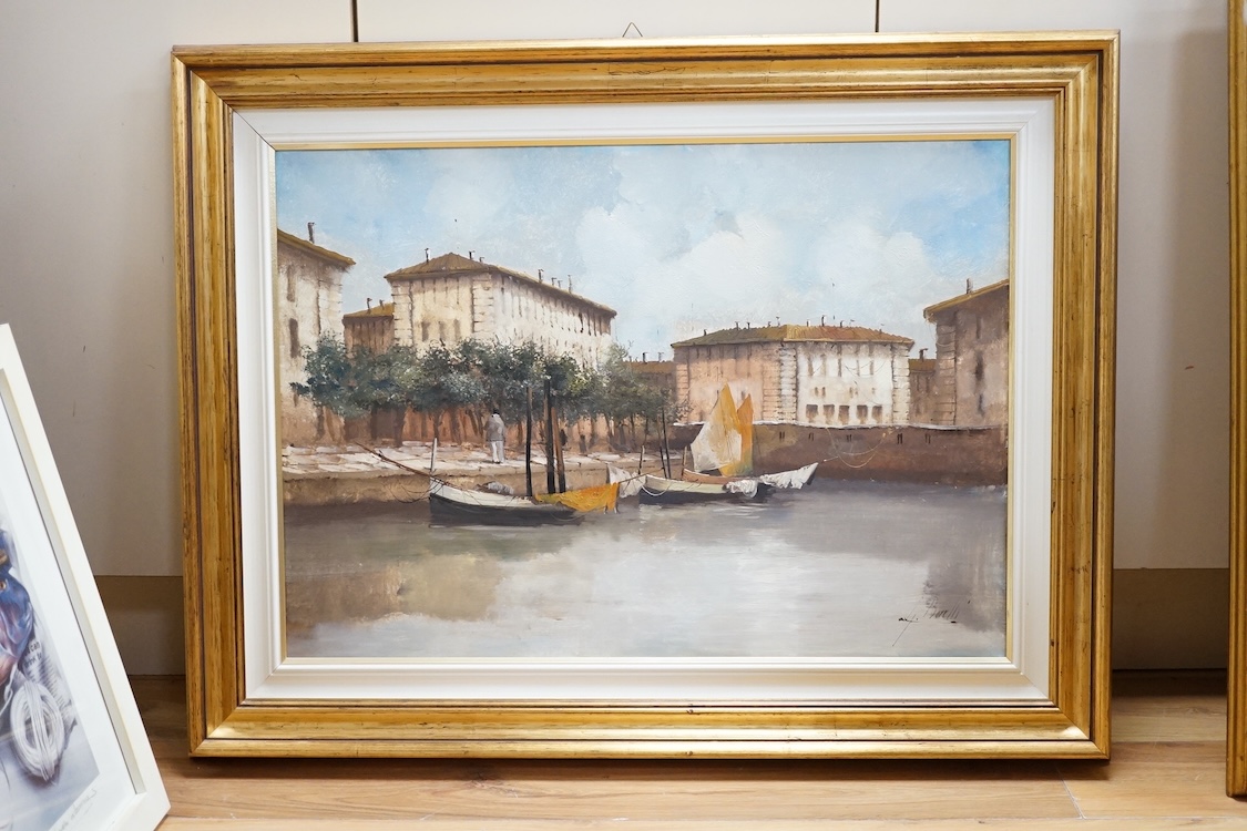 Guido Borelli (Italian, b.1952), oil on canvas, Venetian canal scene, signed, details verso. Condition - good